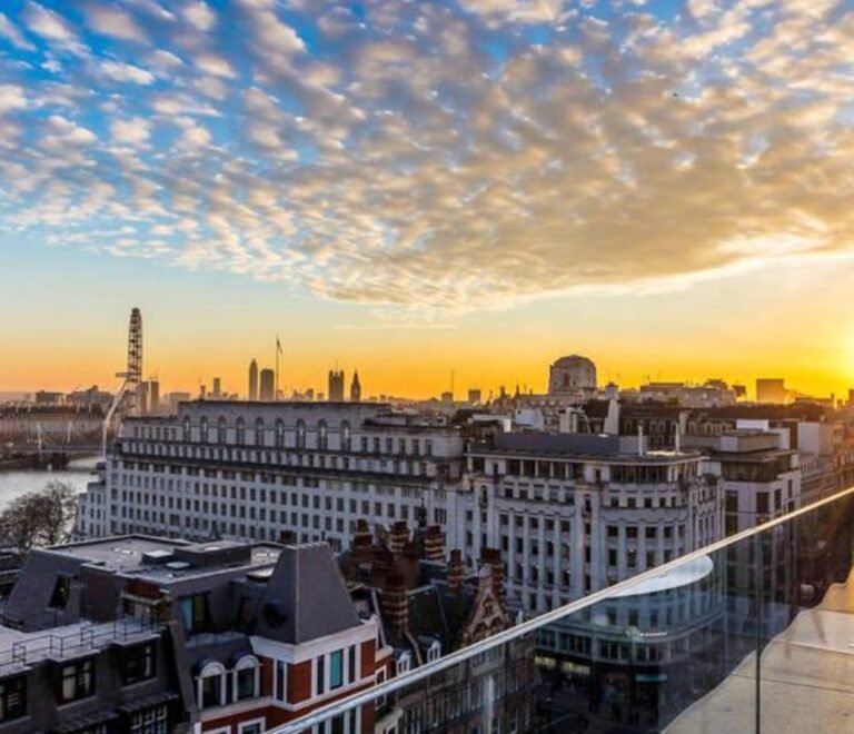 Sunset over the London skyline from a rooftop