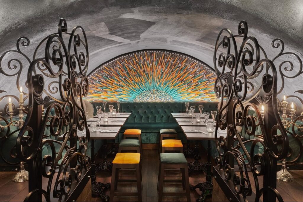 Ornate underground wine cellar bar in London