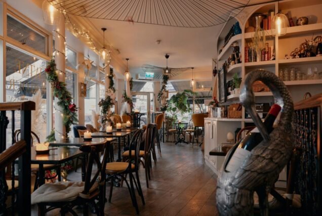 Bright townhouse wine bar in London with hanging plants