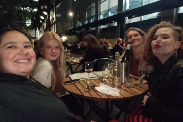 Group of friends at a London wine bar in the evening