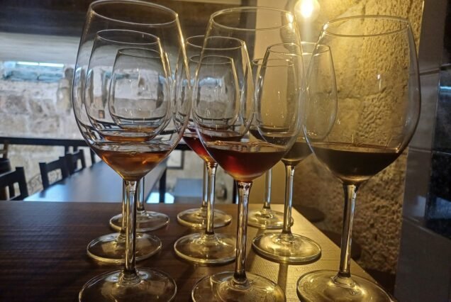 Wine flight glasses lined up for a tasting
